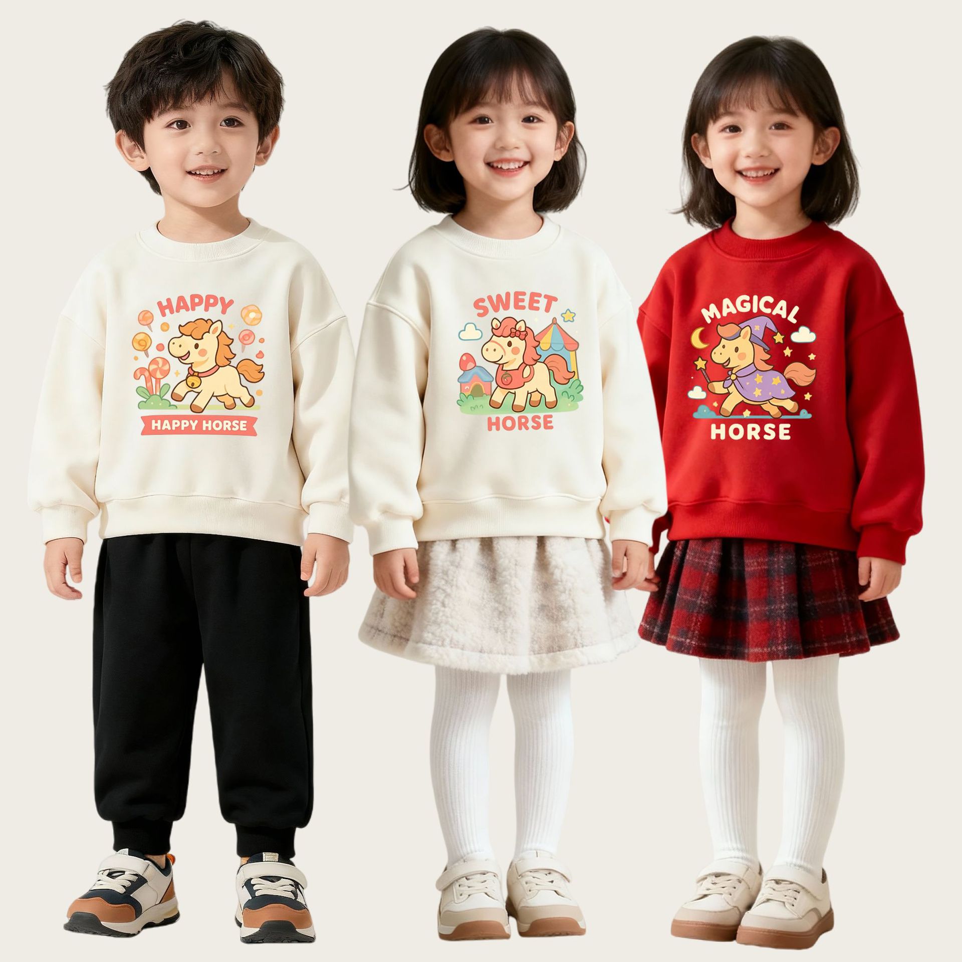 1-10岁儿童卫衣2025新品可爱的小马印花女孩长袖圆领加绒男童上衣