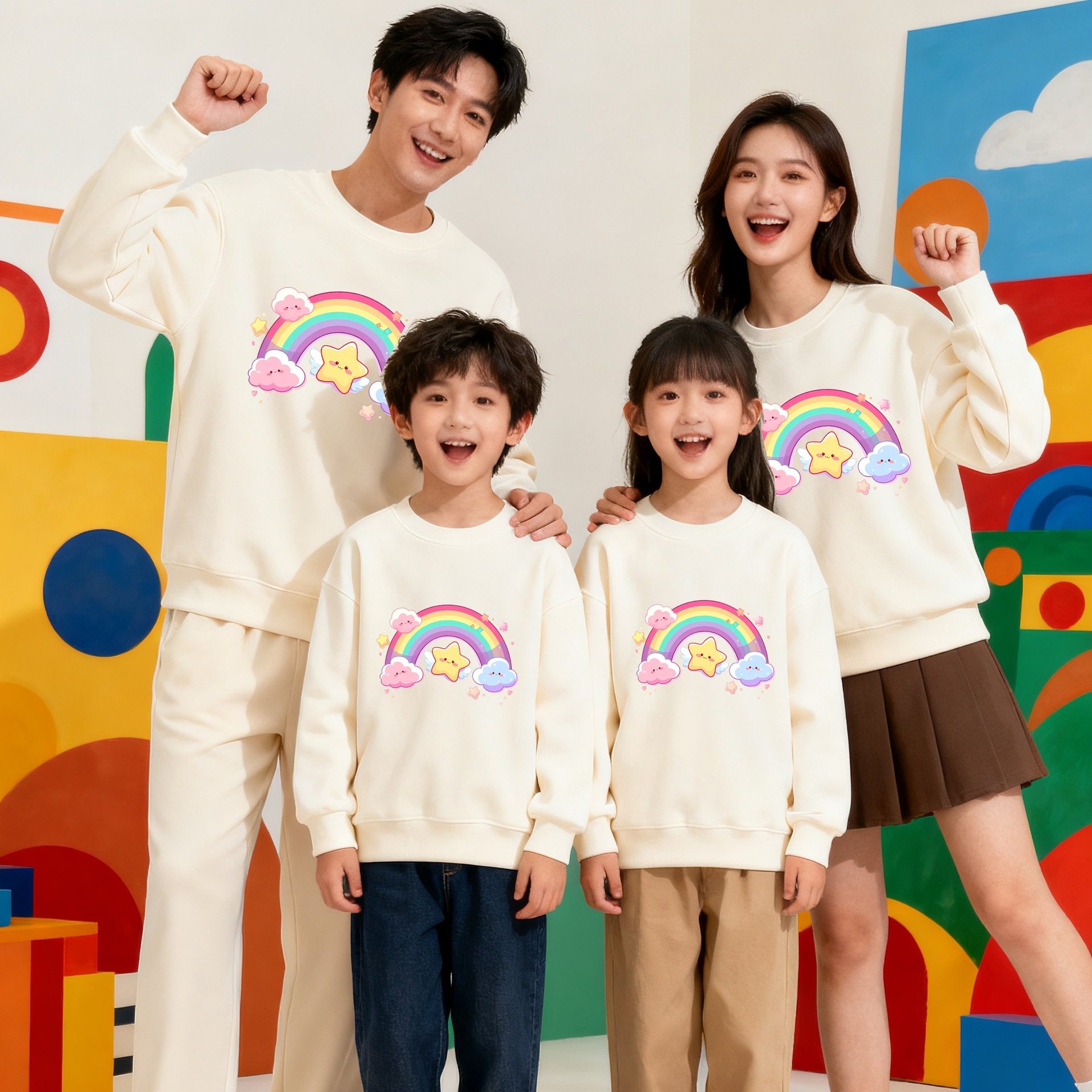 幼儿园亲子活动糖果色七彩虹图案印花圆领卫衣秋冬款加绒休闲长袖