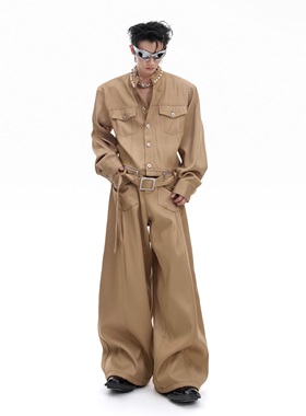 ArguE CulturE檀棕*明线珍珠点缀贵气无领短宽外套宽松软牛仔套装