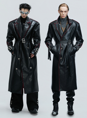 ArguE CulturE重磅解构鳄鱼纹宽肩皮大衣金属皮带收腰长款大衣