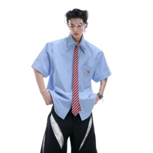 ArguE CulturE 夏季小众宽松复古领带设计感短袖衬衫双层领衬衣