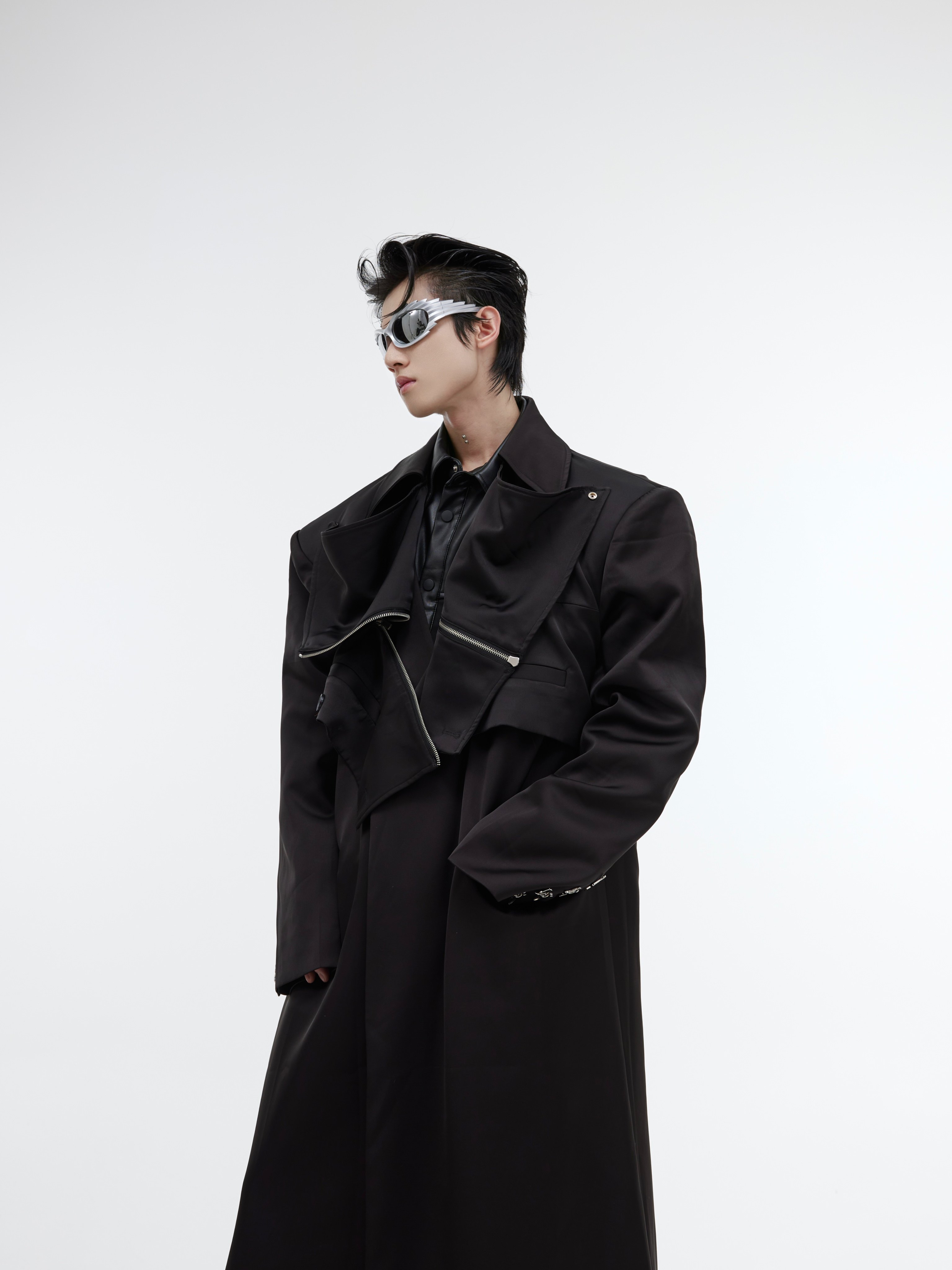 CULTURE NICHE THREE-DIMENSIONAL DOUBLE-LAYERED DECONSTRUCTED PADDED SHOULDERS LONG COAT SUIT METALLIC DESIGN OVER-THE-KNEE TRENCH COAT