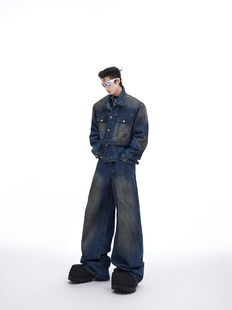 CulturE小众复古做旧牛仔套装 双层设计感夹克外套废土重磅休闲裤