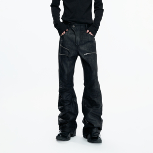 褶皱涂层直筒牛仔裤 ArguE 长裤 拉链拼接刷蜡做旧修身 CulturE黑悟