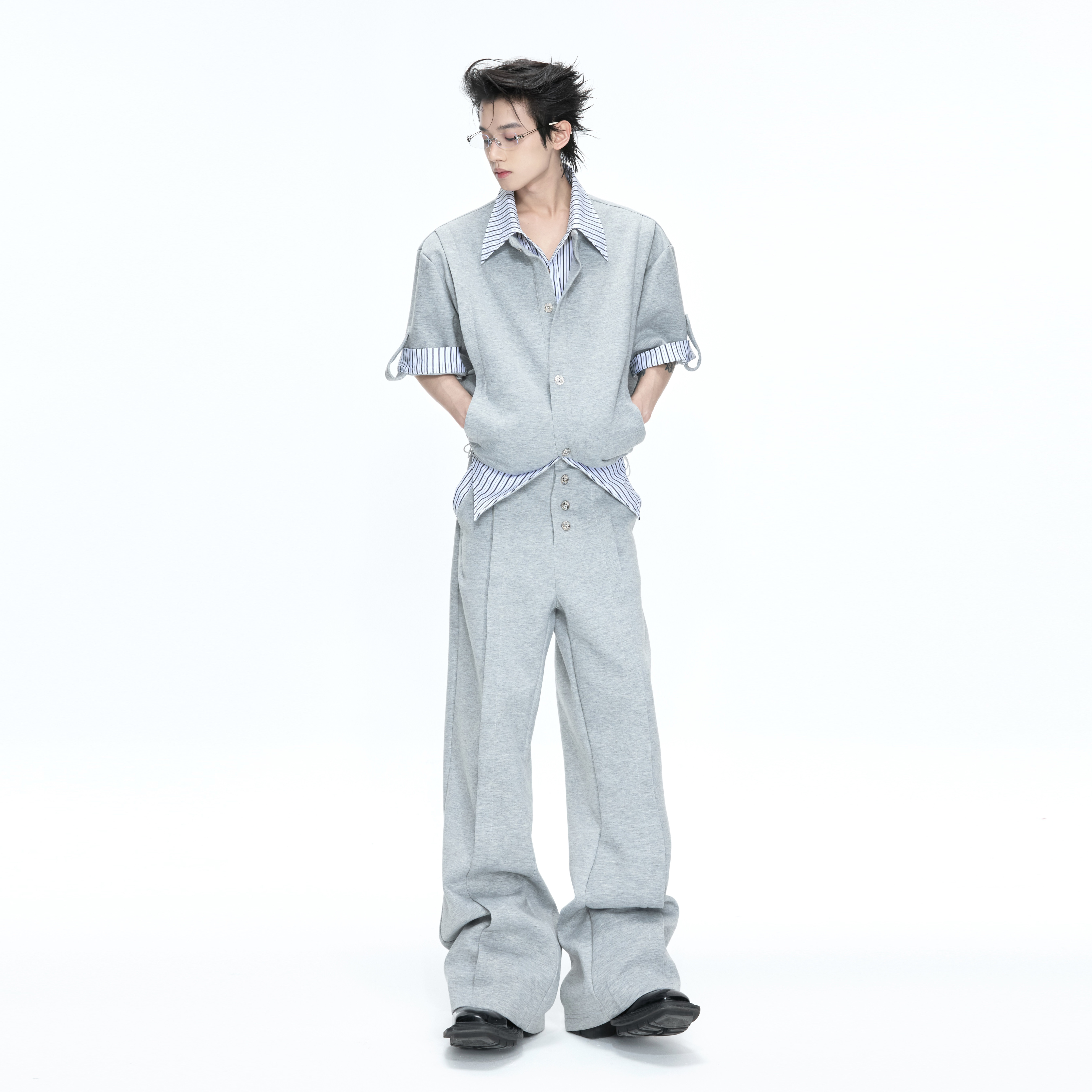 ArguE2.0*条纹衬衫假两件拼接开衫短袖套装凉感罗马夏季通勤T恤