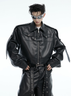 ArguE CulturE小众解构金属拼接垫肩短款廓形皮衣机车夹克外套男