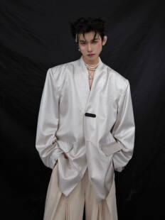 CulturE原创先锋液态金属质感纹理西服无领宽松廓形高级感外套潮