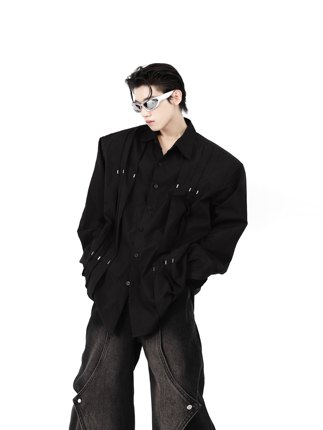 CulturE原创小众金属柳钉拼接垫肩衬衫男褶皱设计感简约高级开衫
