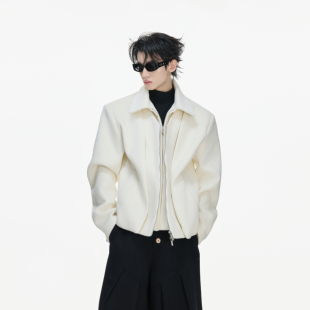 ArguECulturE轮廓*羊毛假两件重磅毛呢夹克廓形翻领简约短款外套