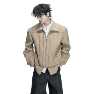 ArguE 风琴褶假两件条纹夹克外套金属铆钉短宽层次感外套 CulturE