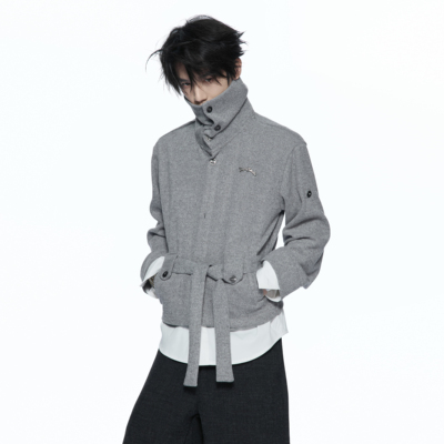 ArguE【仙品】Merwev混纺双形态领正肩束腰绑带假两件针织开衫