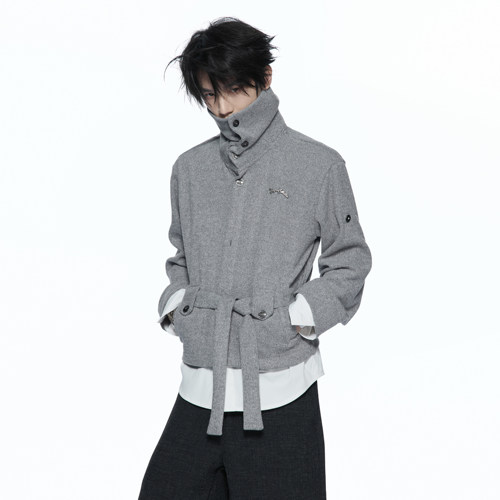 ArguE【仙品】Merwev混纺双形态领正肩束腰绑带假两件针织开衫
