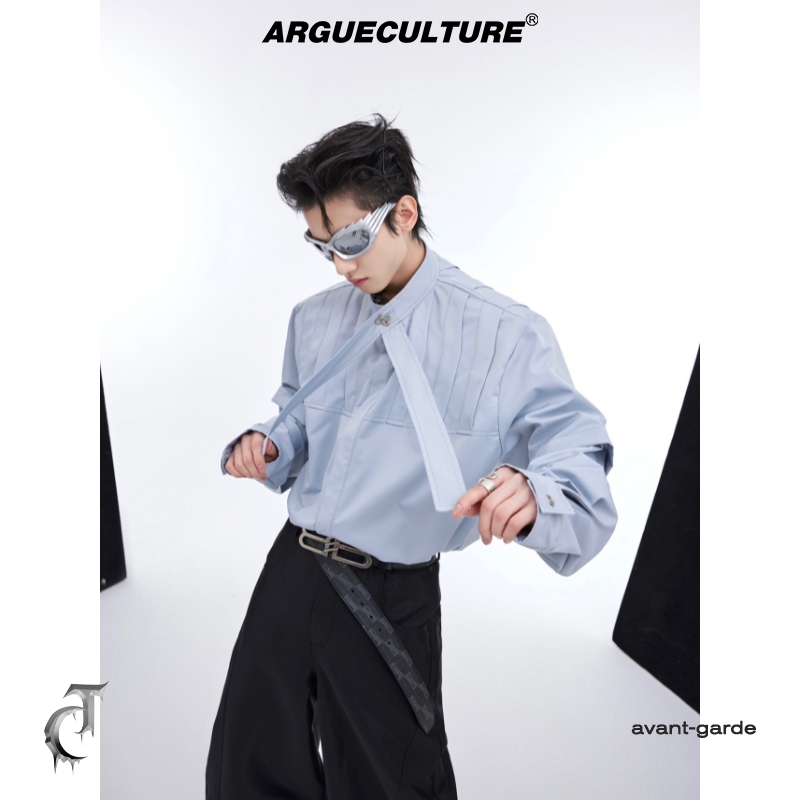 CulturE小众解构立体压褶长袖飘带设计感衬衫男宽松慵懒贵气开衫