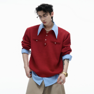 撞色翻领拼接针织毛衣秋 小众肌理感假两件衬衫 ArguE CulturE纤云