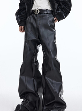 CulturE小众立体解构修身微喇叭皮裤哑面设计感高腰百搭休闲长裤