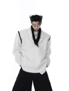 CulturE小众重磅V领防貂毛绒毛衣宽松加厚毛衫 撞色设计感针织上衣