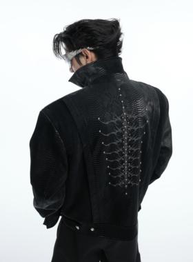 ArguE CulturE蛇瞳脊骨 小众纹蛇皮拼接夹克铆钉刺绣PU皮衣外套男