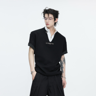 ArguE夏季知识分子假两件撞色短袖Boxy版型立领凉感休闲百搭T恤