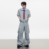 ArguECulturE小众撞色衬衫 夏 假两件套装 拼接连帽短袖 卫衣凉感短款