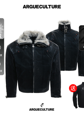 ArguECulturE黑蟒*原创蛇纹肌理感座山雕羽绒服加绒加厚皮衣外套