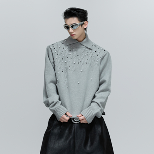 宽松贵气毛衫 ArguE CulturE重磅珍珠点缀高领毛衣麻花纹理针织衫