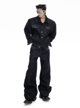 ArguE CulturE墨痕*小众复古鳄鱼皮拼接原色牛仔套装短款牛仔外套