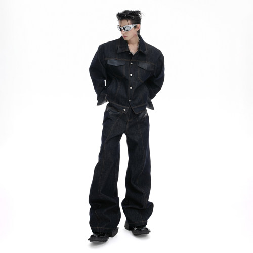 13.5盎司原色复古拼皮牛仔外套