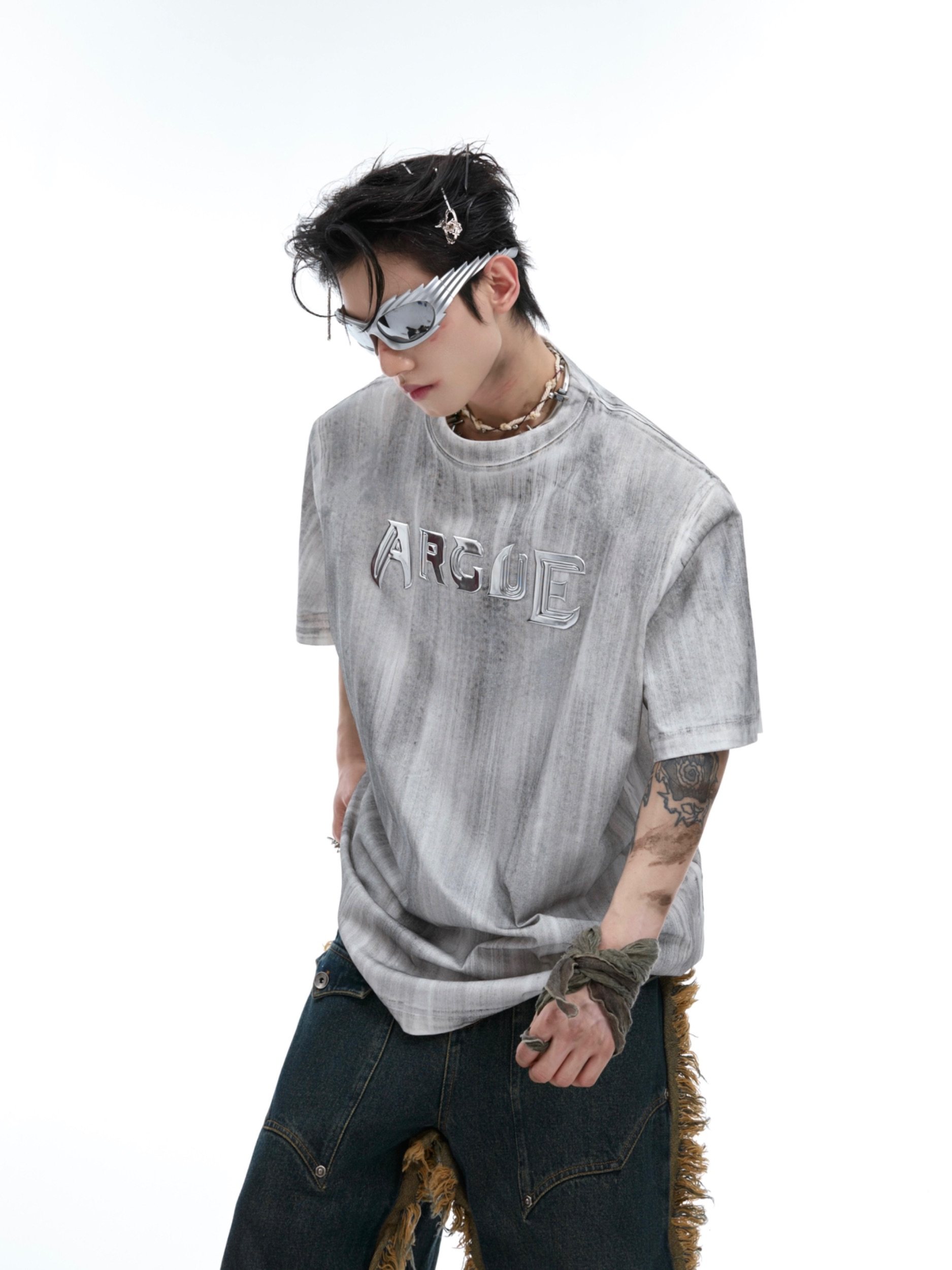 ArguECulturE重磅小众先锋手工刷银短袖立体金属logo垫肩T恤男女