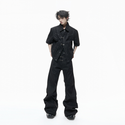 ArguE轨道*小众马蹄扣褶皱翻领短袖牛仔夹克原牛微喇牛仔裤套装