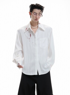 ArguE CulturE 热吻雾境 条纹缎面口红印衬衫贵气纹理感开衫上衣