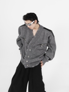 CulturE小众解构通体拉链V领开衫 破坏设计感毛外套衣金属纽扣毛衫