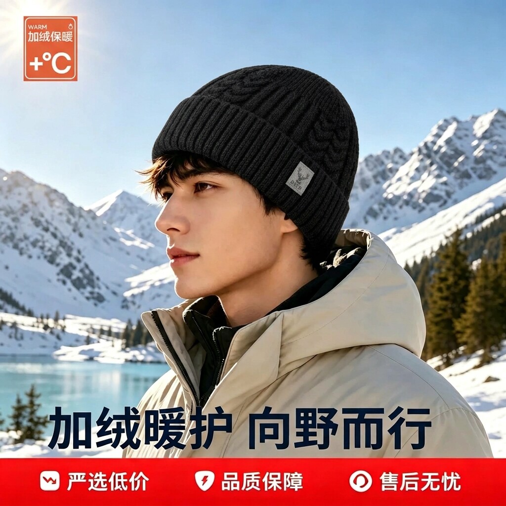 加绒帽子冬季加厚针织帽男款大头围户外运动保暖冷帽女毛线帽棉帽