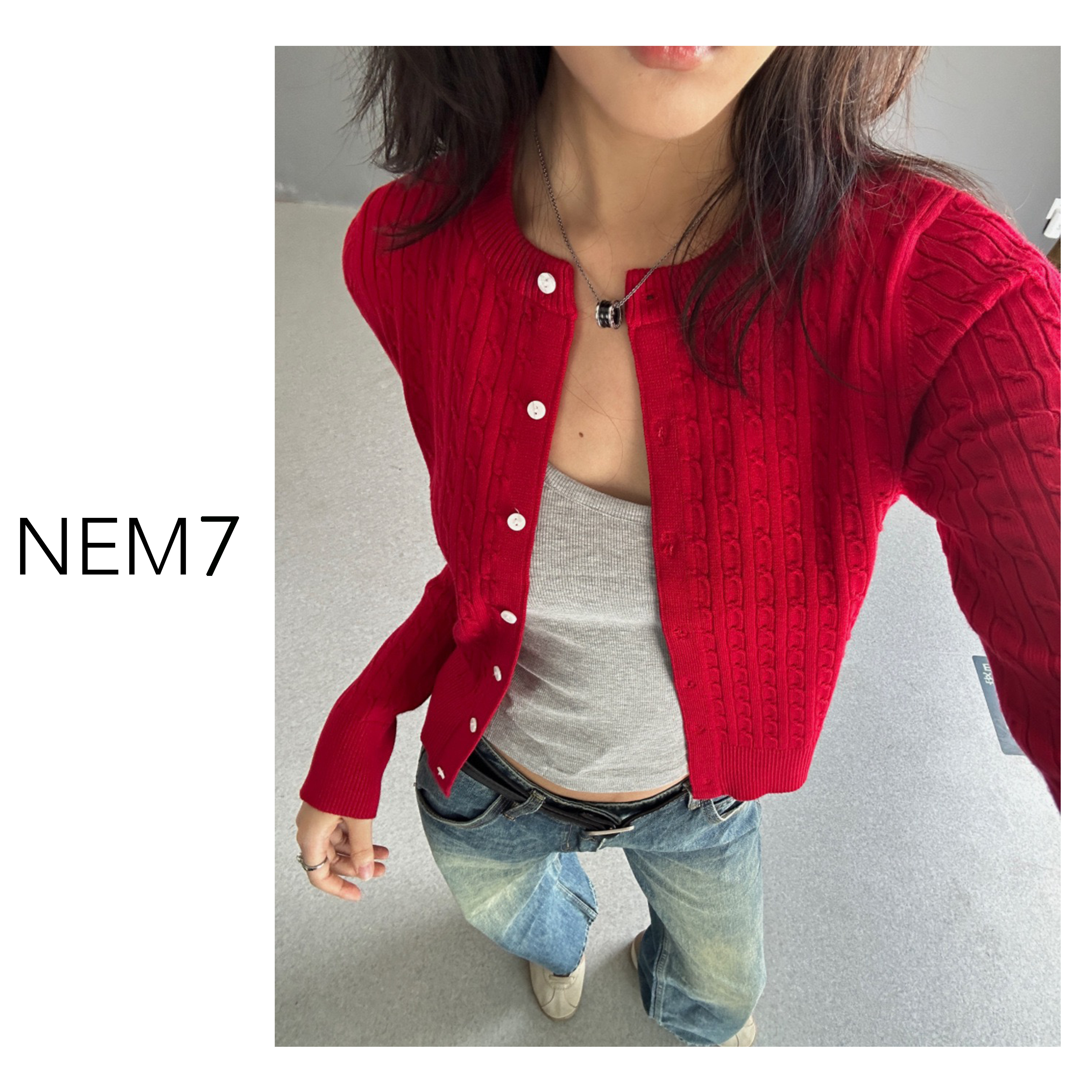 NEM7 百搭复古圣诞红麻花长袖针织衫女显瘦绞花修身毛衣内搭开衫