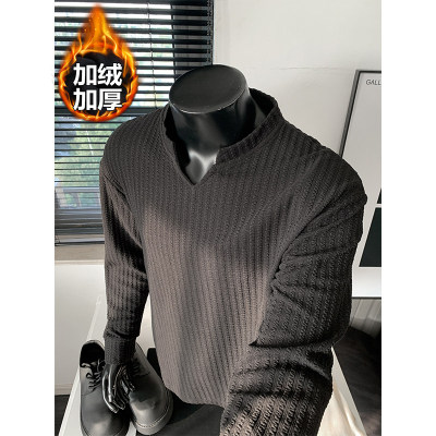 黑色V领长袖加绒加厚t恤