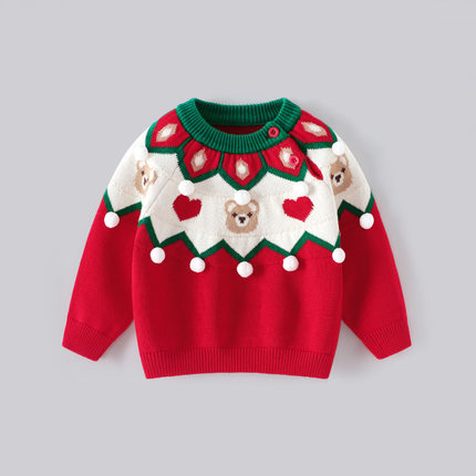 Autumn And Winter Children's Sweater Red Pullover Bear Crew