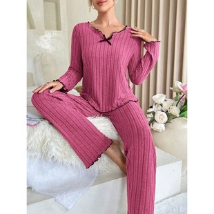 Women Autumn Winter Sleepwear Ribbed Pajamas Set Long Sleeve