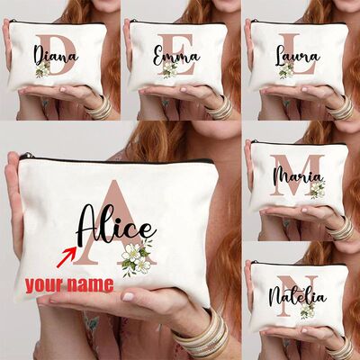 Floral Letters Custom Name Makeup Bag Best Gift for Bridesma