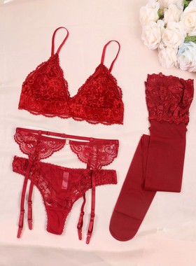 Varsbaby Lace Bra Sets for Women Non-padded Bra Panty Garter