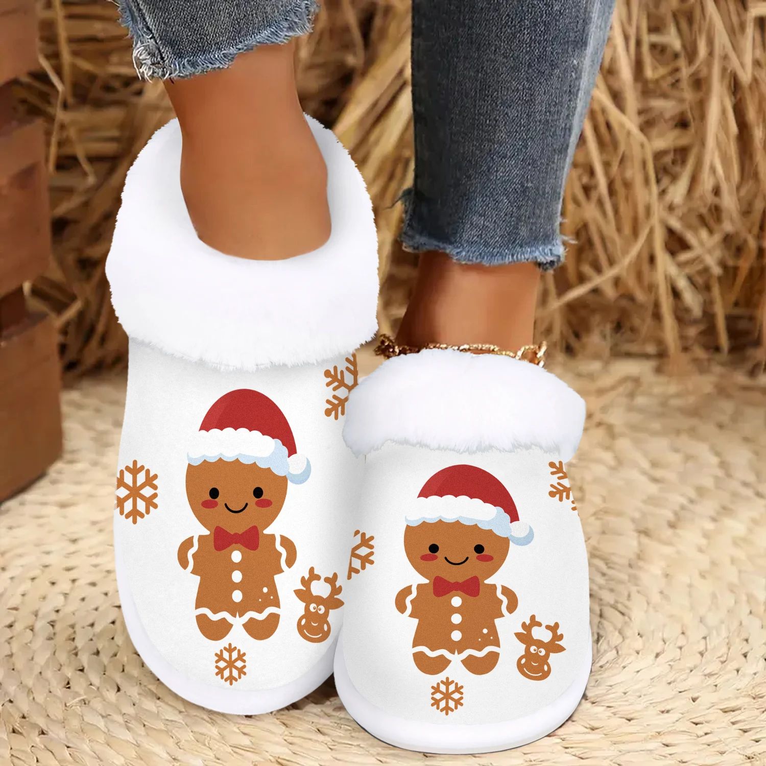 Christmas Gingerbread Man Slippers Casual Style Soft Comfy F
