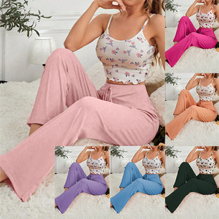 Women's Home Clothes Flower Strap Pants Set Casual Comfortab