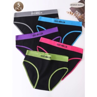 5PCS Simple Letter Women's Cotton Panties Mid-waist Comforta