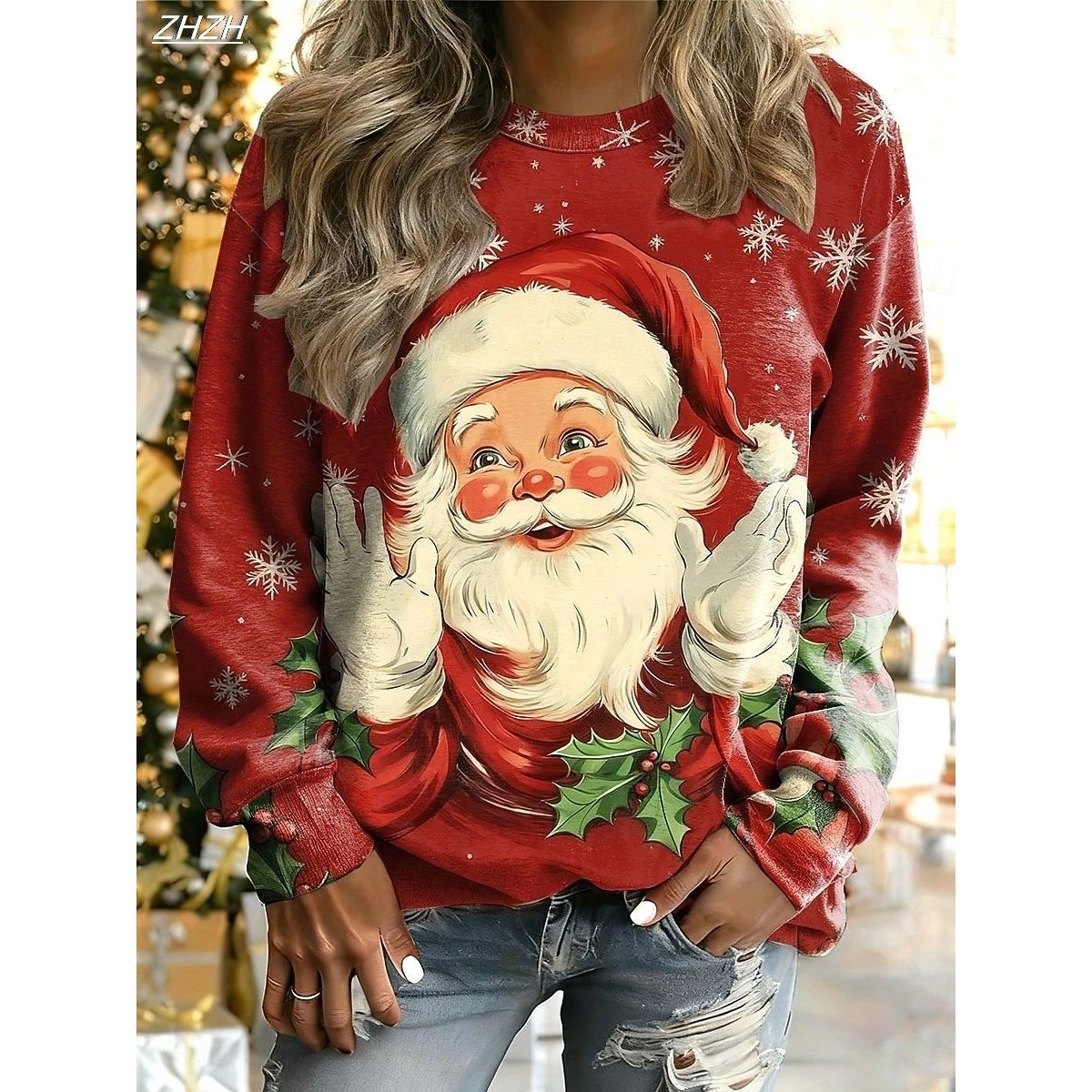 Women's Christmas Santa Graphic Pullover Cozy Long Sleeve Cr