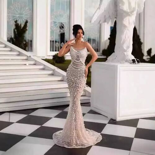 New Women Evening Dress Tube Top White Pearl Series Deep V-N