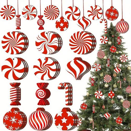 Red White Wooden Christmas Candy Ornaments Set Lollipop & Ca