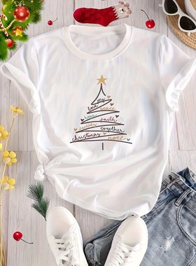 Women's Cute Christmas Tree Snowflake Print T-Shirt Festive