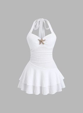 White Halter Neck Dress Women's Ruffled Starfish Embellished