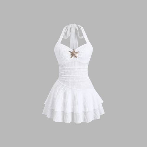 White Halter Neck Dress Women's Ruffled Starfish Embellished