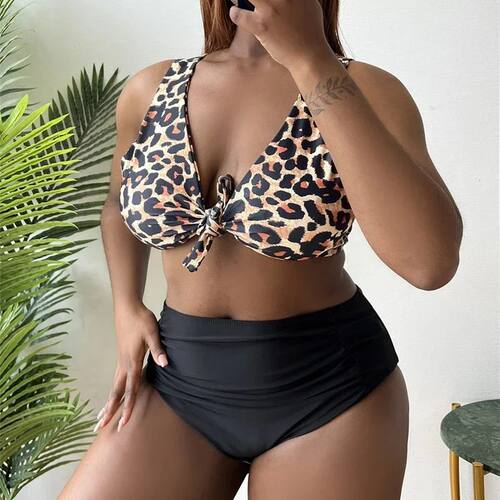 Large Size 4XL Women's Sexy V Neck Swimsuit Leopard Patchwor