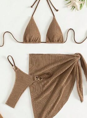Sexy Brown Bikini Set 2025 Women Halter Push Up Bra Skirt 3