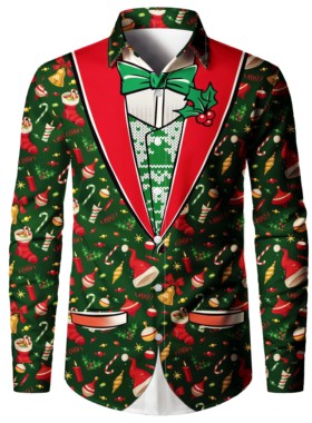 Christmas Theme Men's Fake Suit Tailcoat Printed Formal Shir